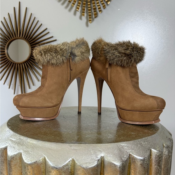 YSL - Tan Tribute Suede Booties w/ Fur Cuffs - Picture 9 of 15